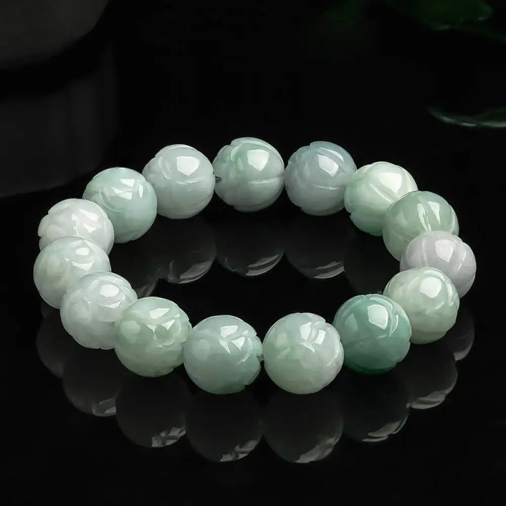 Buddha Stones Natural Jade Lotus Carving Prosperity Bracelet - Jade-13.5mm - Bracelet