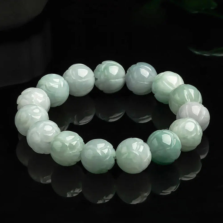 Buddha Stones Natural Jade Lotus Carving Prosperity Bracelet - Jade-13.5mm - Bracelet