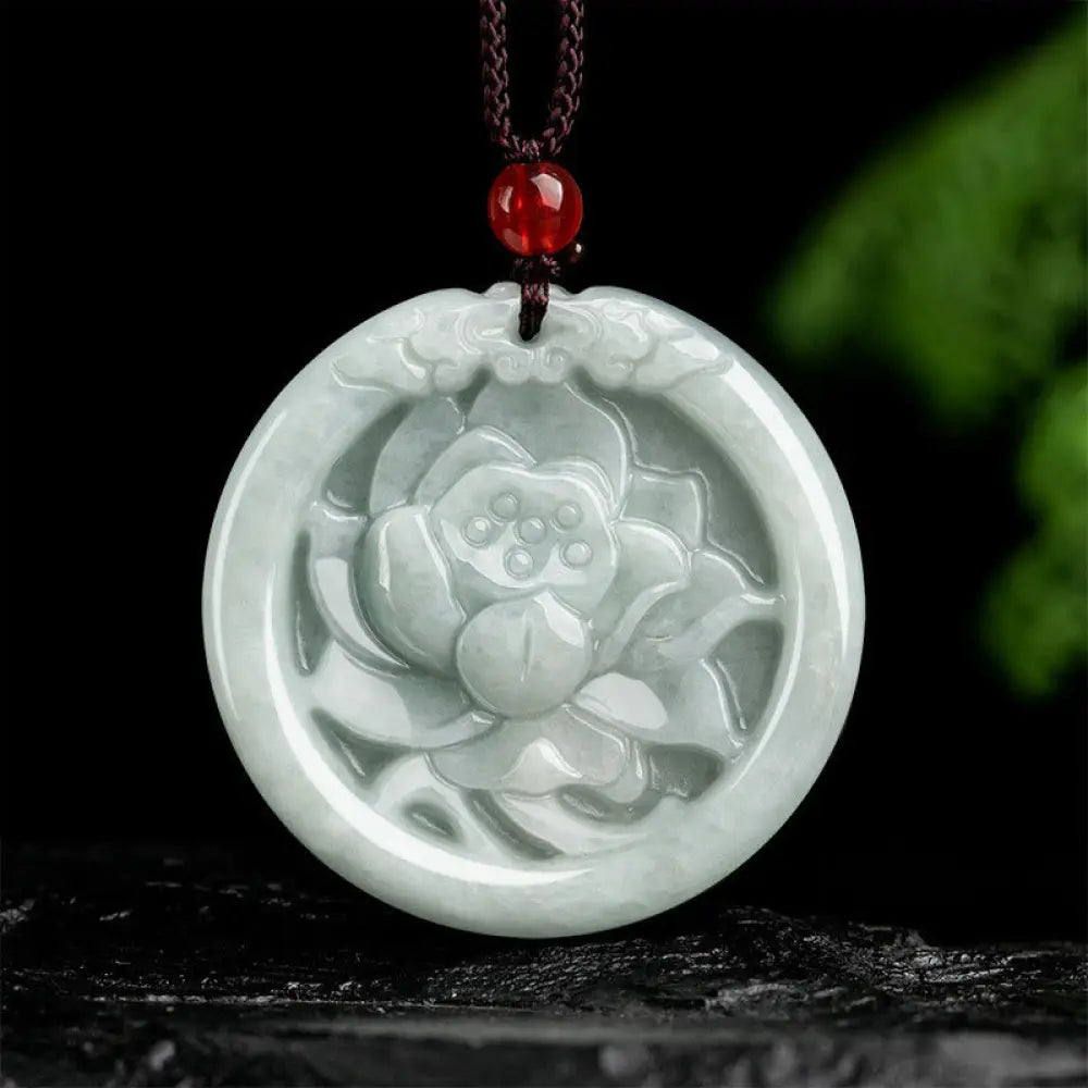BWOOOH Natural Jade Lotus Flower Carved Prosperity Necklace Pendant Buddhist amulet necklace
