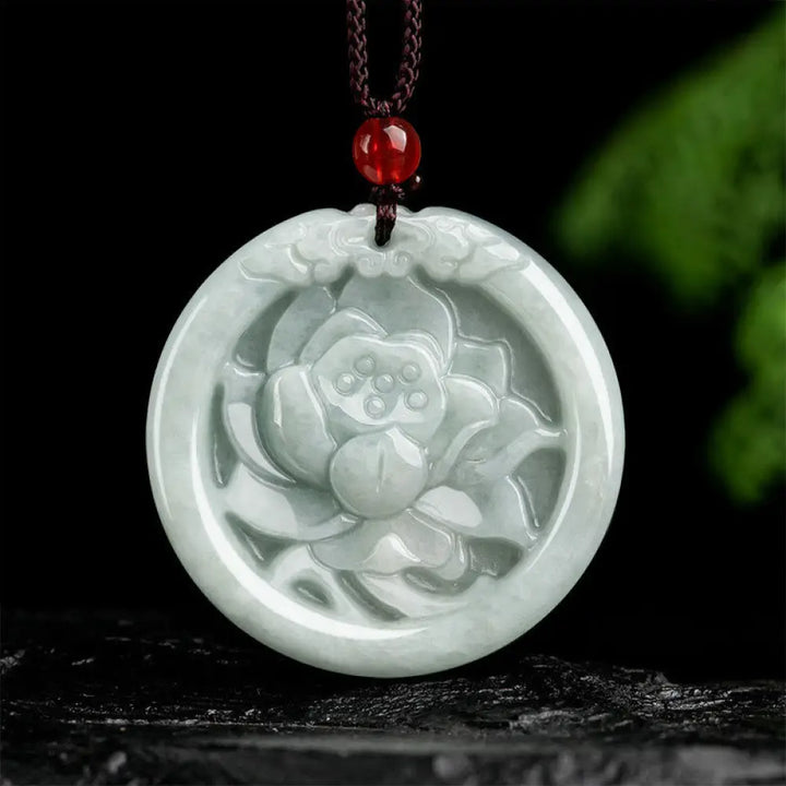 BWOOOH Natural Jade Lotus Flower Carved Prosperity Necklace Pendant Buddhist amulet necklace