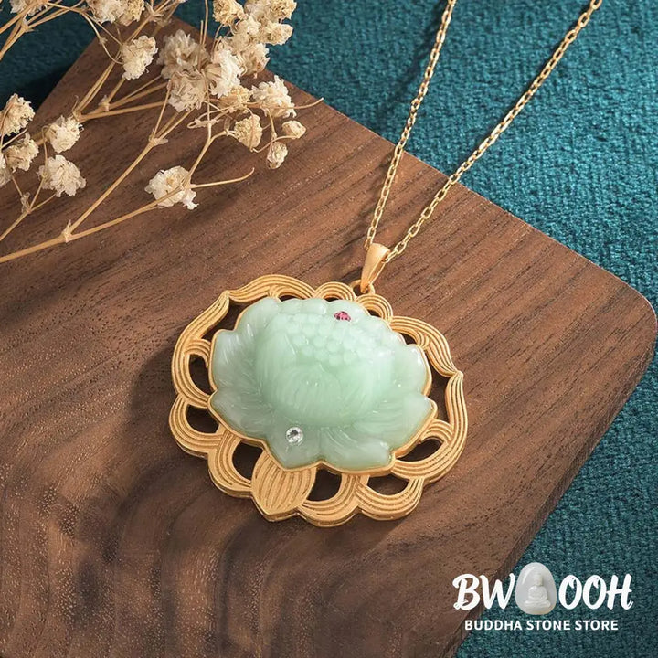 Buddha Stones Natural Jade Lotus Harmony Necklace Pendant - BWOOOH - 40*40mm - Necklaces &amp; Pendants