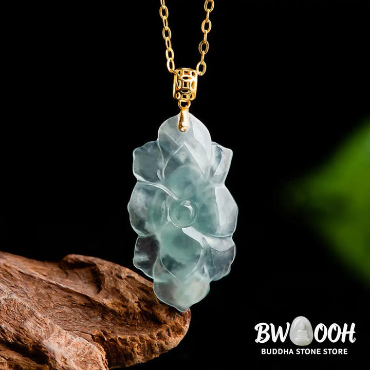 Buddha Stones Natural Jade Lotus Pattern Prosperity Titanium Steel Chain Necklace Pendant - BWOOOH