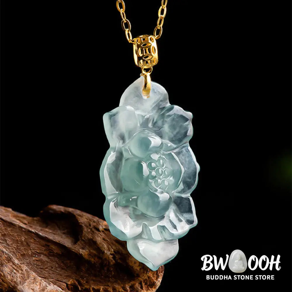 Buddha Stones Natural Jade Lotus Pattern Prosperity Titanium Steel Chain Necklace Pendant - BWOOOH