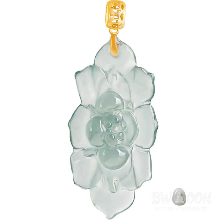 Buddha Stones Natural Jade Lotus Pattern Prosperity Titanium Steel Chain Necklace Pendant - BWOOOH