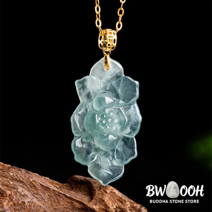 Buddha Stones Natural Jade Lotus Pattern Prosperity Titanium Steel Chain Necklace Pendant - BWOOOH