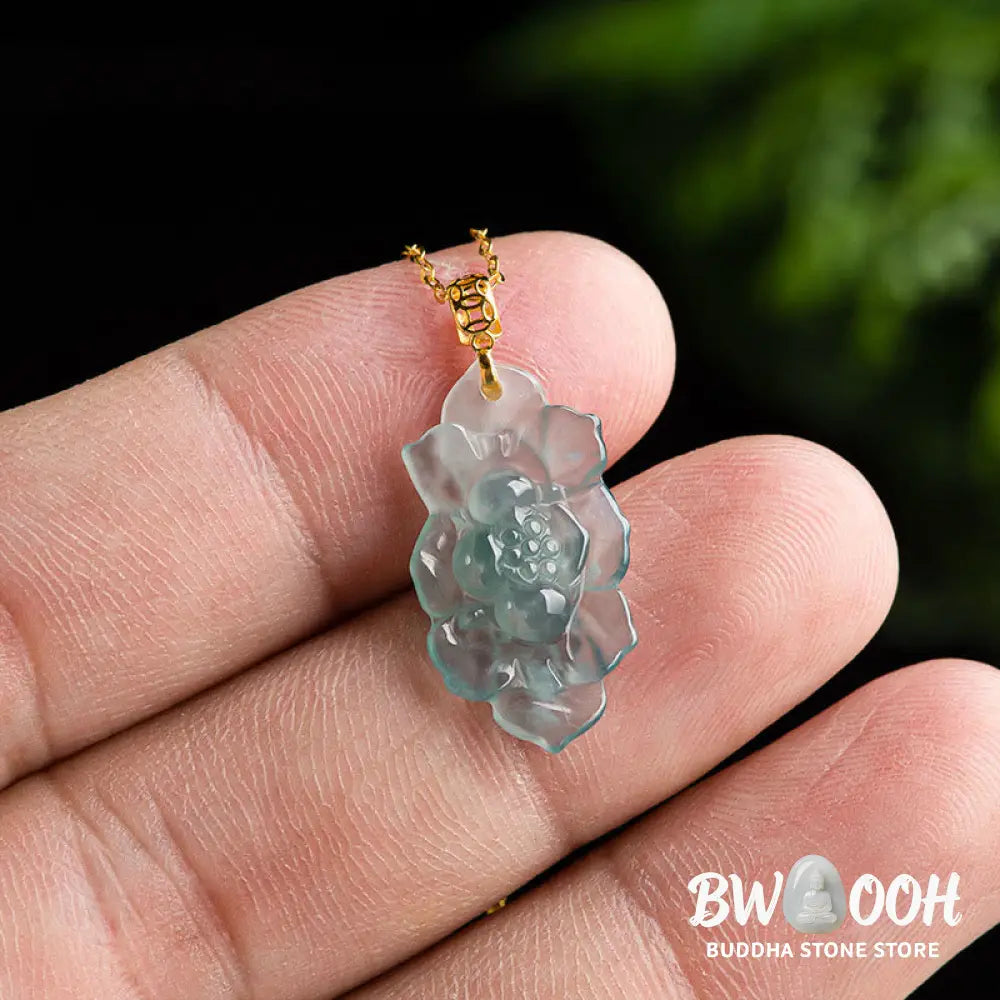 Buddha Stones Natural Jade Lotus Pattern Prosperity Titanium Steel Chain Necklace Pendant - BWOOOH