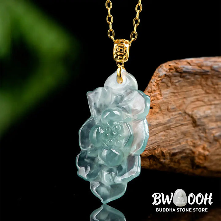 Buddha Stones Natural Jade Lotus Pattern Prosperity Titanium Steel Chain Necklace Pendant - BWOOOH