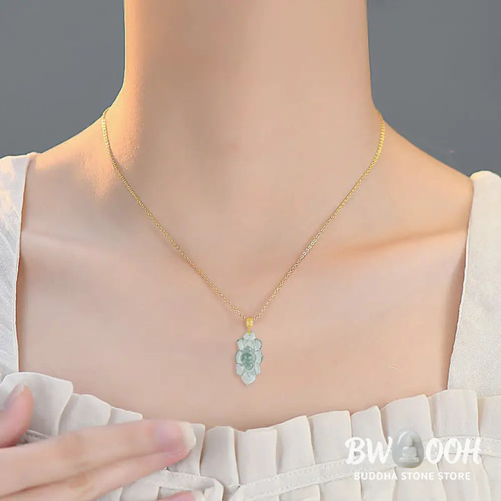 Buddha Stones Natural Jade Lotus Pattern Prosperity Titanium Steel Chain Necklace Pendant - BWOOOH