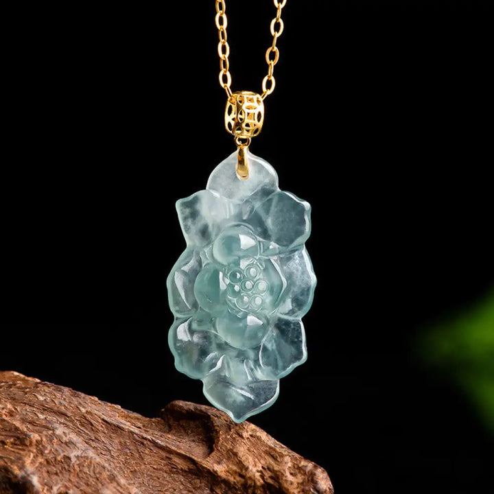 BWOOOH 18K gold-plated Natural Jade Lotus pattern pendant on titanium steel chain necklace for prosperity and purity