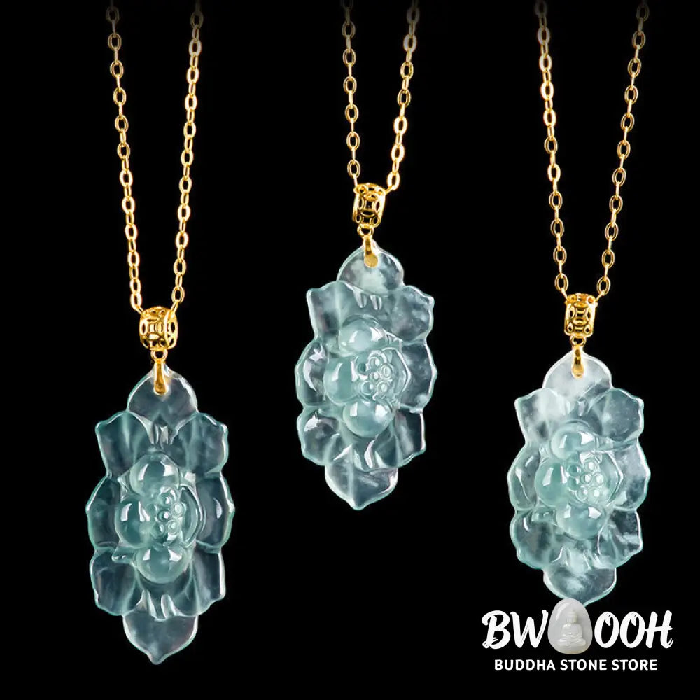 Buddha Stones Natural Jade Lotus Pattern Prosperity Titanium Steel Chain Necklace Pendant - BWOOOH