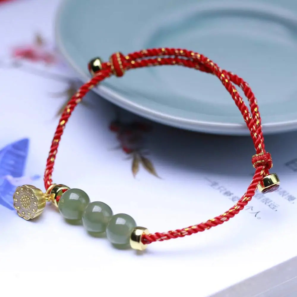 Buddha Stones Natural Jade Lotus Seed Strength Red String Weave Bracelet - Colorful(Wrist Circumference 14-20cm)