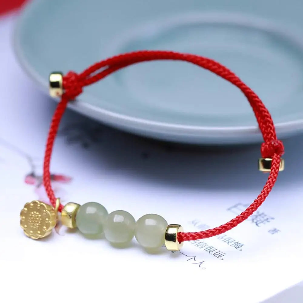 Buddha Stones Natural Jade Lotus Seed Strength Red String Weave Bracelet - Red(Wrist Circumference 14-20cm) - Bracelet