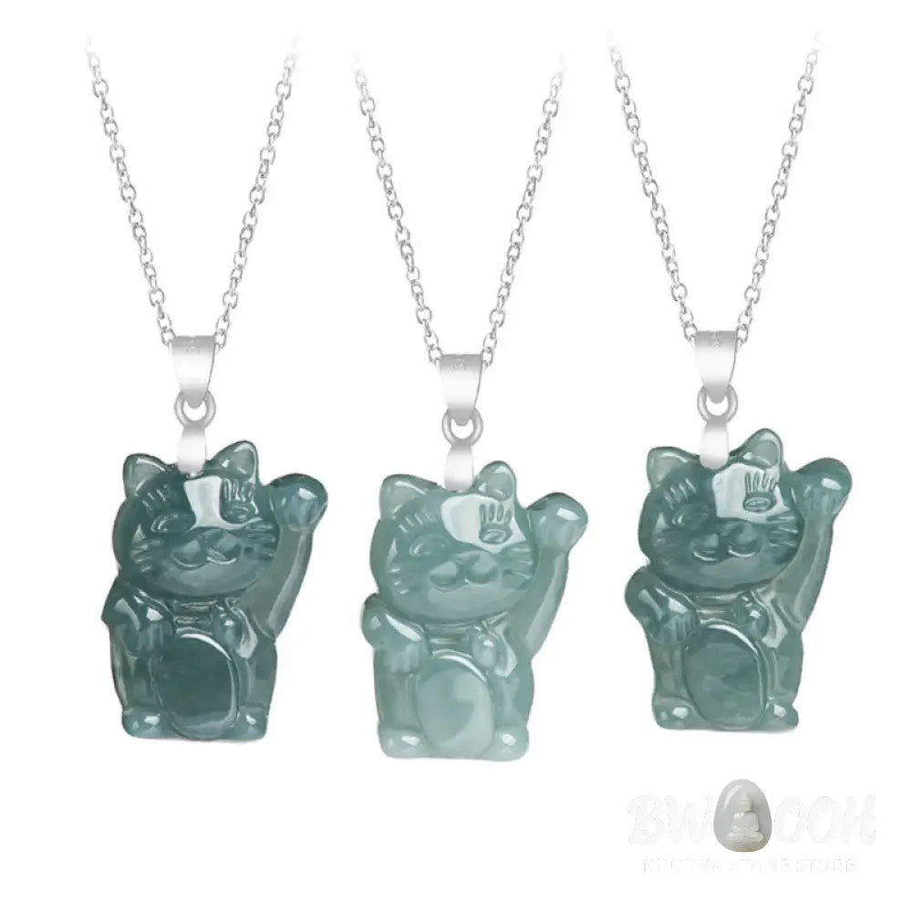Buddha Stones Natural Jade Lucky Cat Abundance Titanium Steel Necklace Pendant - BWOOOH - Jade - Necklaces &amp; Pendants