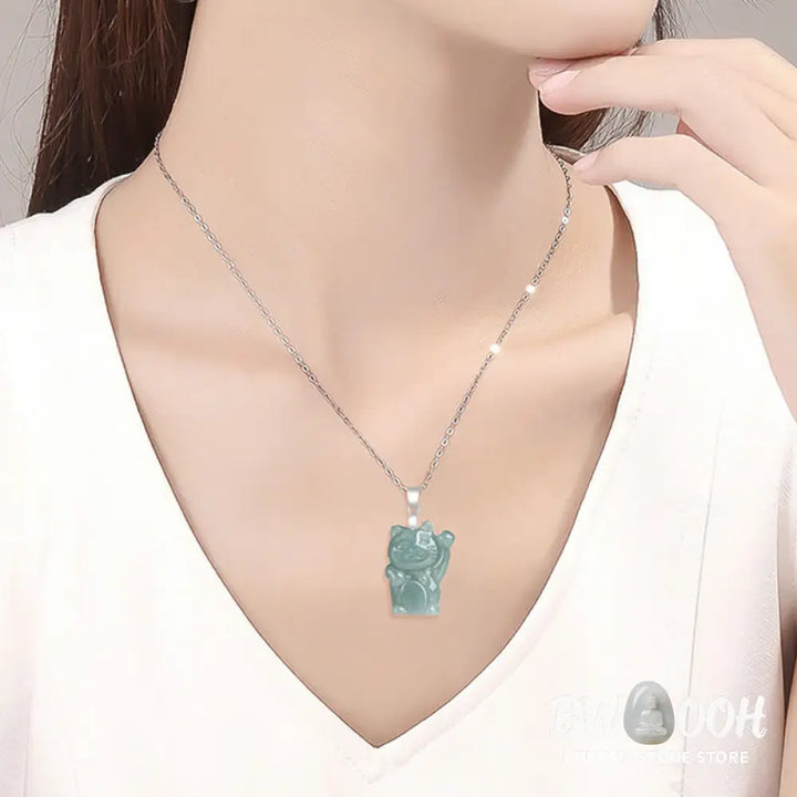 Buddha Stones Natural Jade Lucky Cat Abundance Titanium Steel Necklace Pendant - BWOOOH - Jade - Necklaces &amp; Pendants