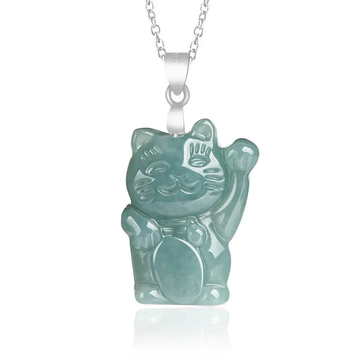 Buddha Stones Natural Jade Lucky Cat Abundance Titanium Steel Necklace Pendant - BWOOOH - Jade - Necklaces &amp; Pendants