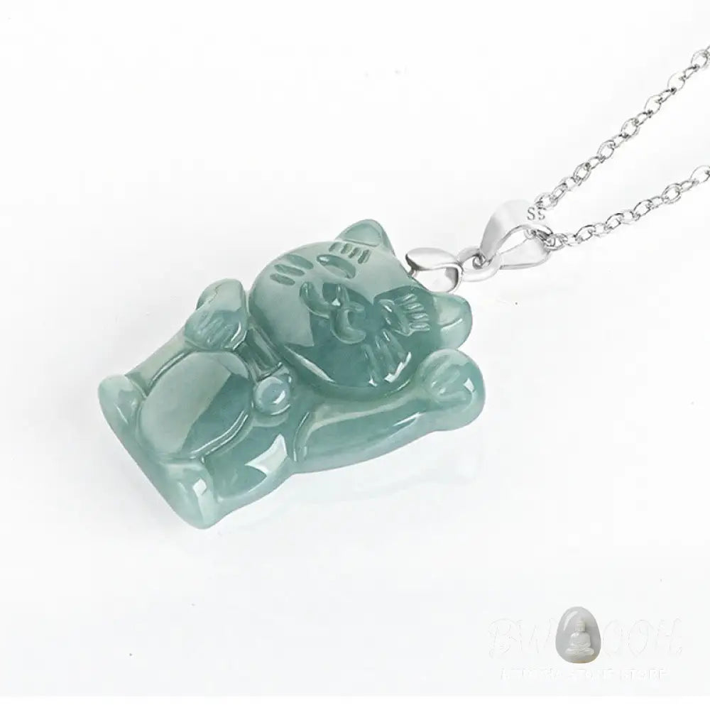 Buddha Stones Natural Jade Lucky Cat Abundance Titanium Steel Necklace Pendant - BWOOOH - Jade - Necklaces &amp; Pendants
