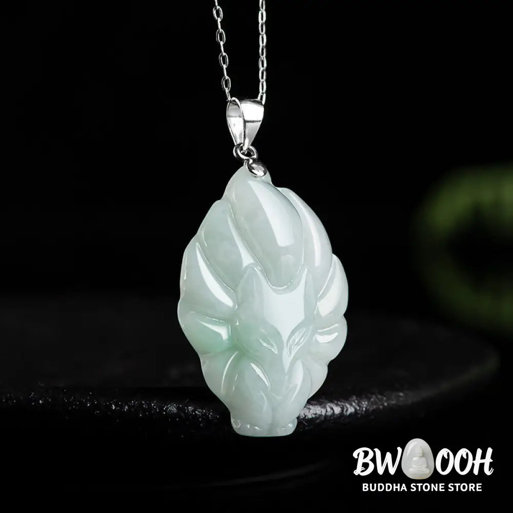 Buddha Stones Natural Jade Nine Tailed Fox Prosperity Titanium Steel Chain Necklace Pendant - BWOOOH