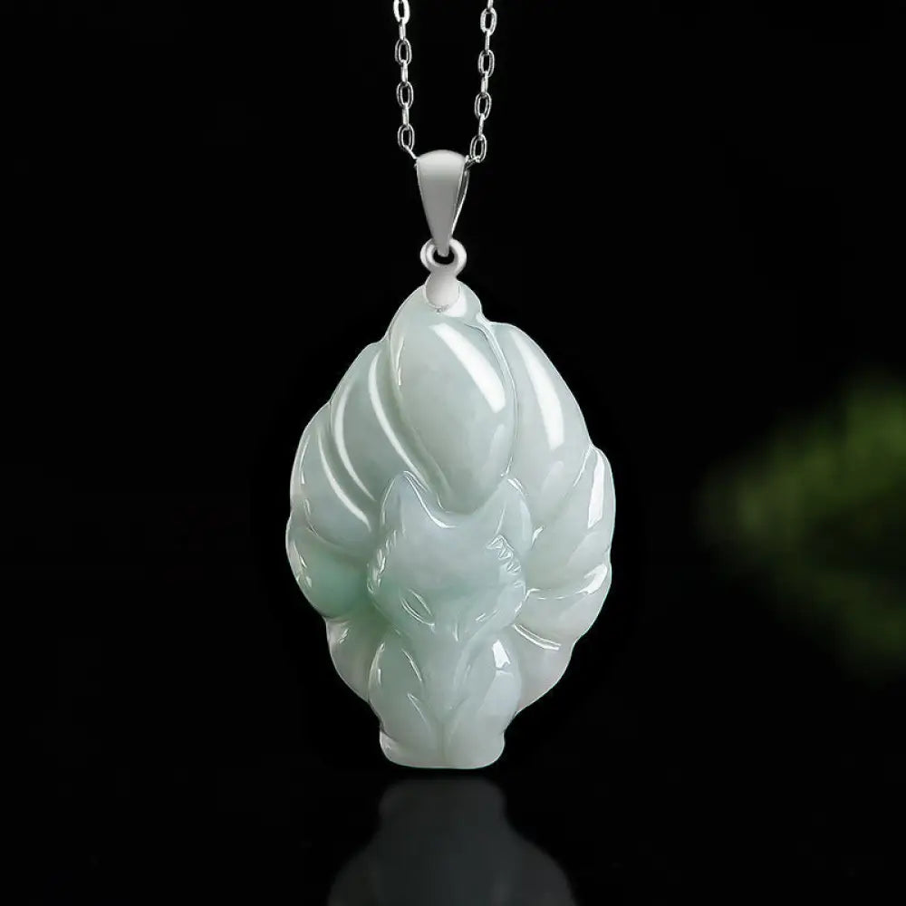 BWOOOH Natural Jade Nine-Tailed Fox pendant on titanium steel chain necklace for prosperity and luck