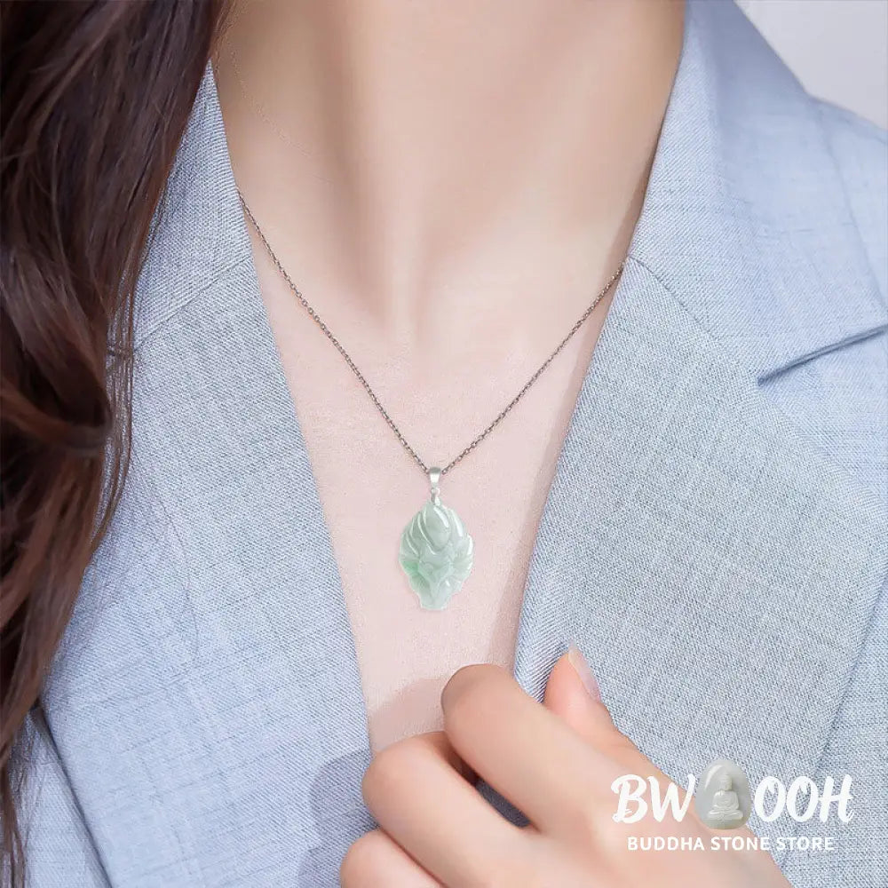 Buddha Stones Natural Jade Nine Tailed Fox Prosperity Titanium Steel Chain Necklace Pendant - BWOOOH