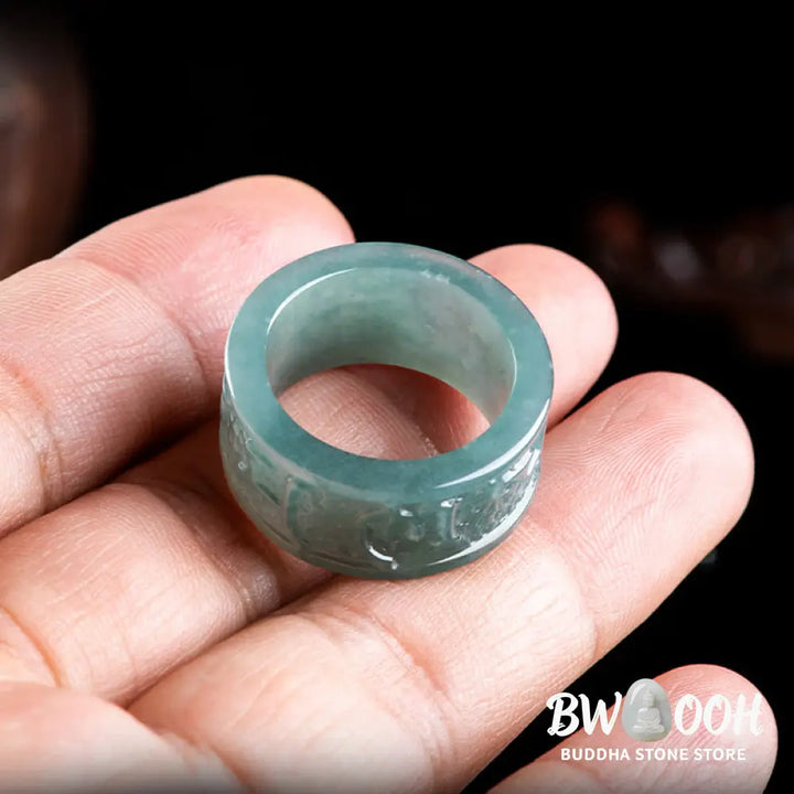 Buddha Stones Natural Jade Om Mani Padme Hum Carved Prosperity Ring - Ring