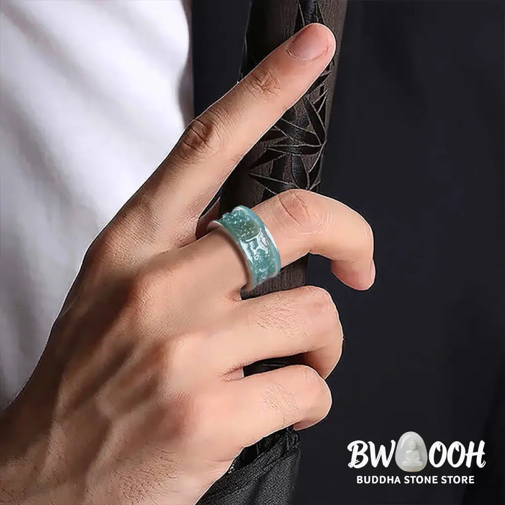 Buddha Stones Natural Jade Om Mani Padme Hum Carved Prosperity Ring - Ring