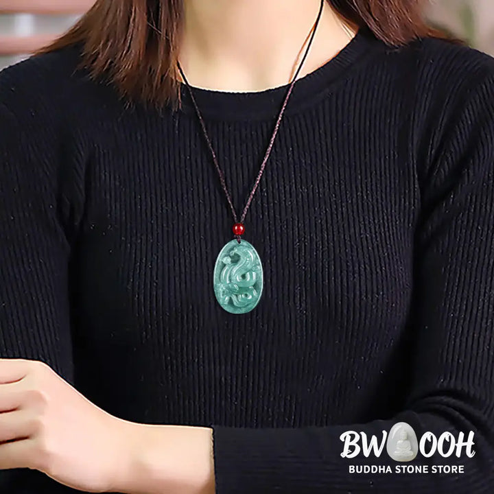 Buddha Stones Natural Jade Oval Year Of The Snake Luck Necklace Pendant - BWOOOH - Jade Snake - Necklaces &amp; Pendants