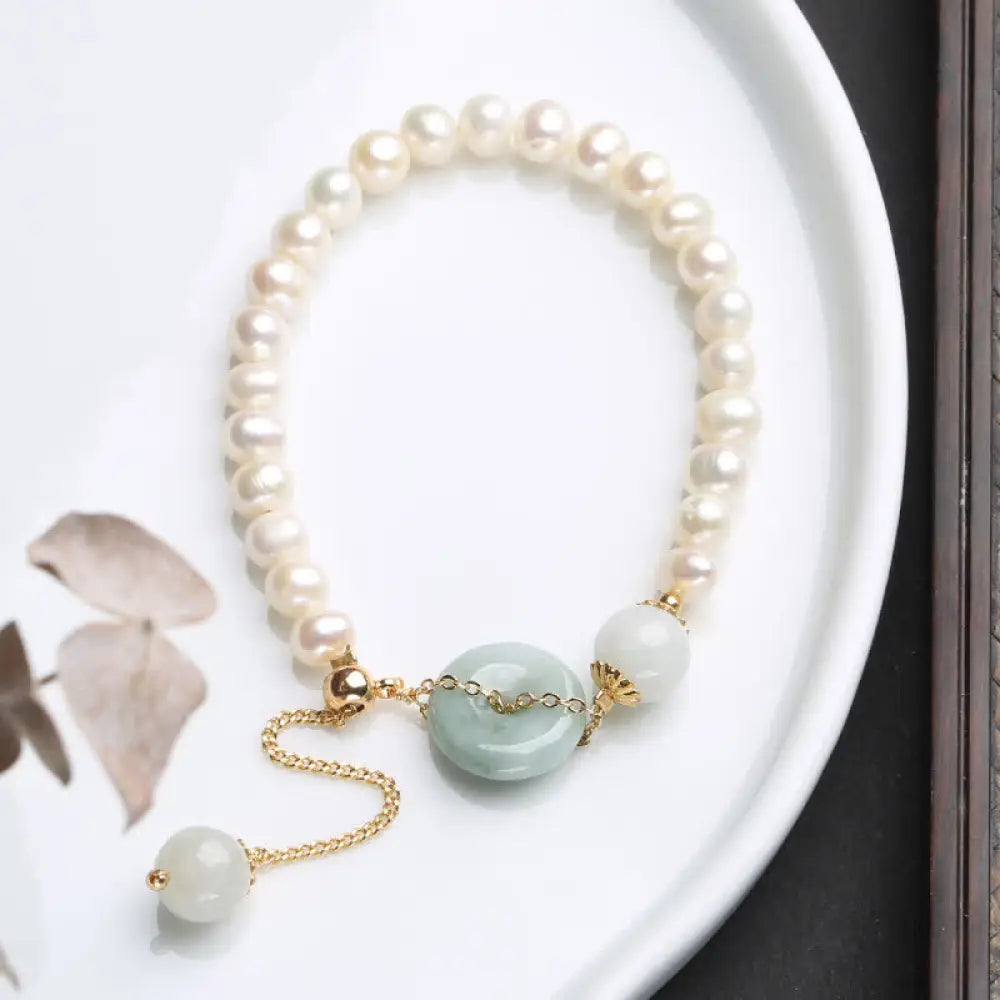 BWOOOH Natural Jade Pearl Peace Buckle Prosperity Luck Bracelet | spiritual healing bracelet