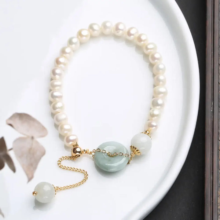 BWOOOH Natural Jade Pearl Peace Buckle Prosperity Luck Bracelet | spiritual healing bracelet