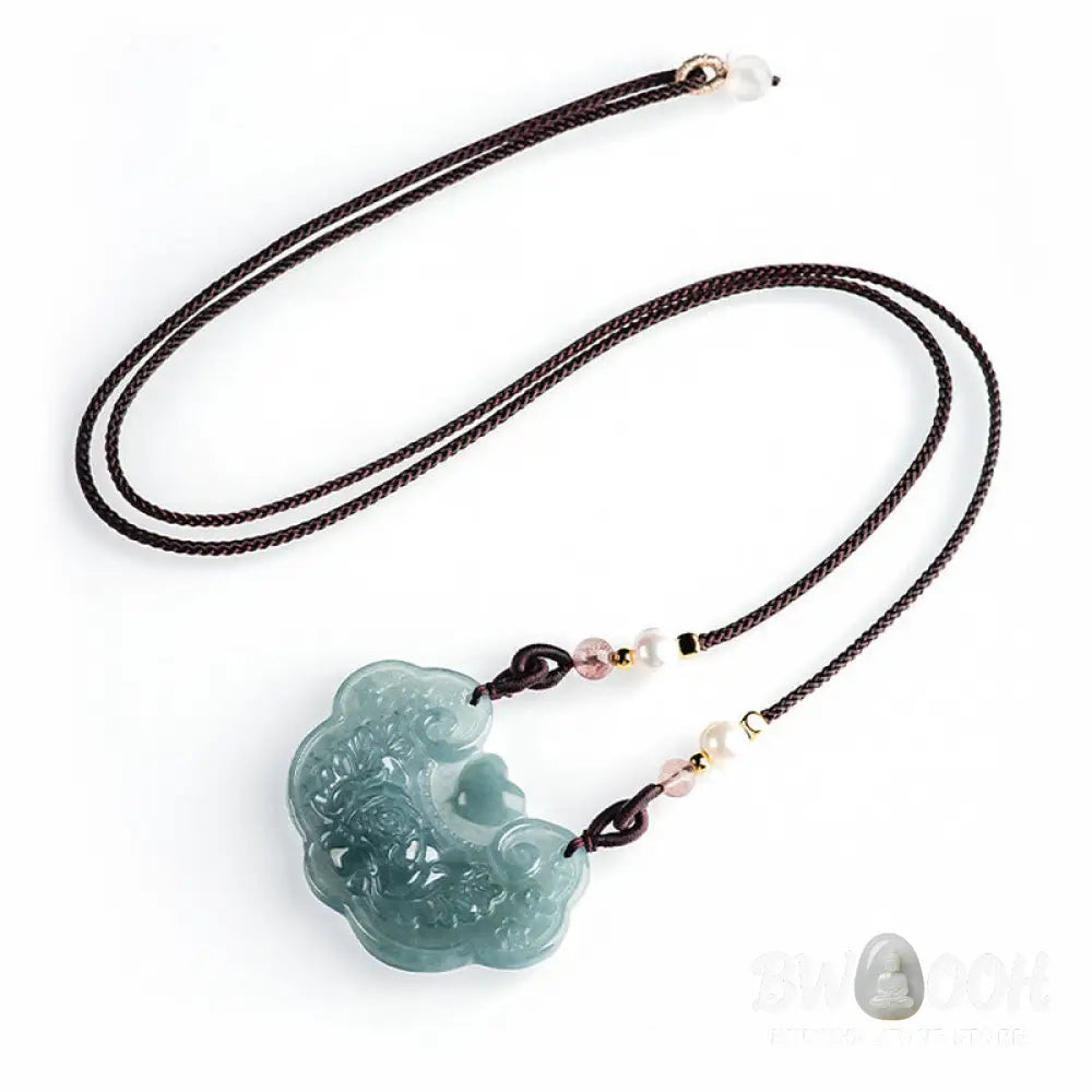 Buddha Stones Natural Jade Peony Flower Lock of Good Wishes Prosperity Necklace Pendant - BWOOOH