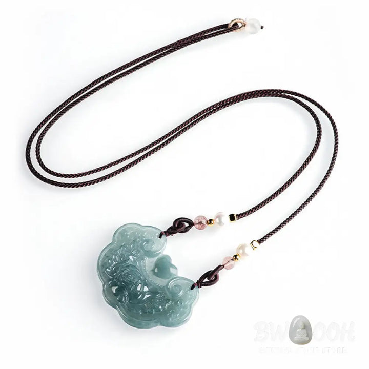 Buddha Stones Natural Jade Peony Flower Lock of Good Wishes Prosperity Necklace Pendant - BWOOOH