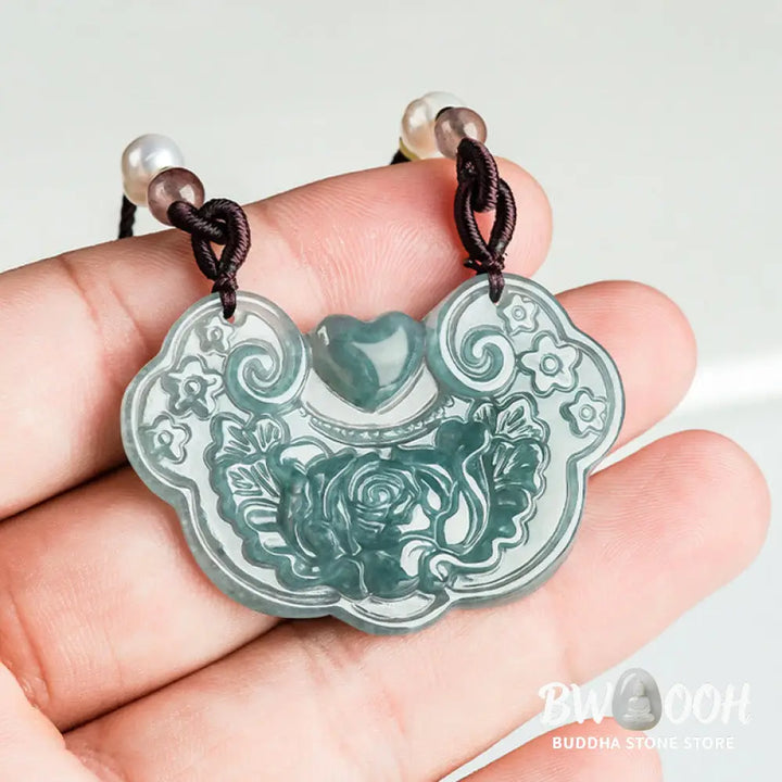 Buddha Stones Natural Jade Peony Flower Lock of Good Wishes Prosperity Necklace Pendant - BWOOOH