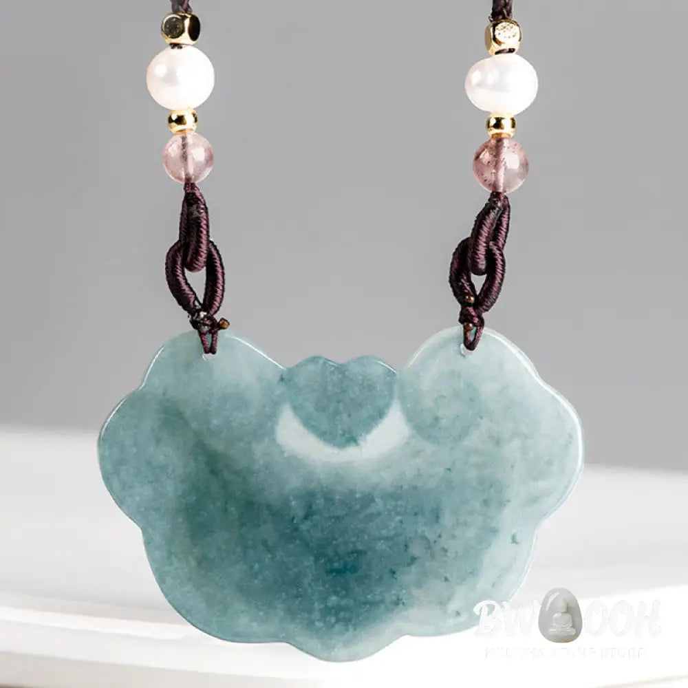 Buddha Stones Natural Jade Peony Flower Lock of Good Wishes Prosperity Necklace Pendant - BWOOOH