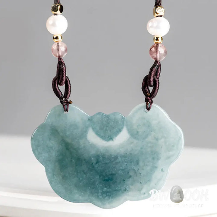 Buddha Stones Natural Jade Peony Flower Lock of Good Wishes Prosperity Necklace Pendant - BWOOOH