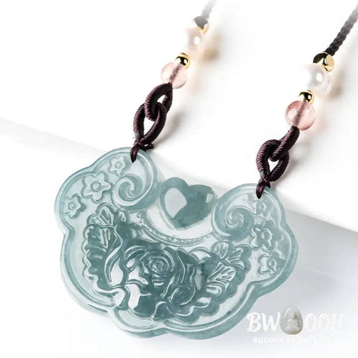 Buddha Stones Natural Jade Peony Flower Lock of Good Wishes Prosperity Necklace Pendant - BWOOOH