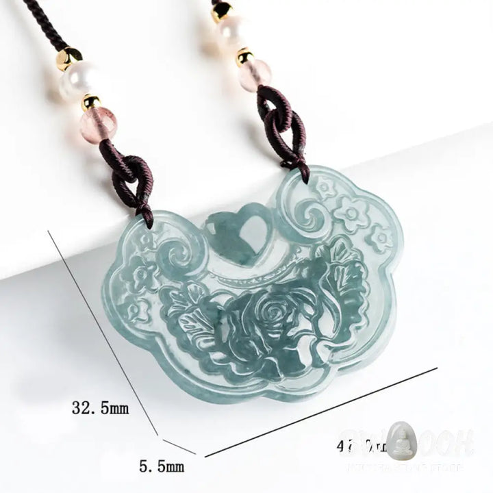 Buddha Stones Natural Jade Peony Flower Lock of Good Wishes Prosperity Necklace Pendant - BWOOOH