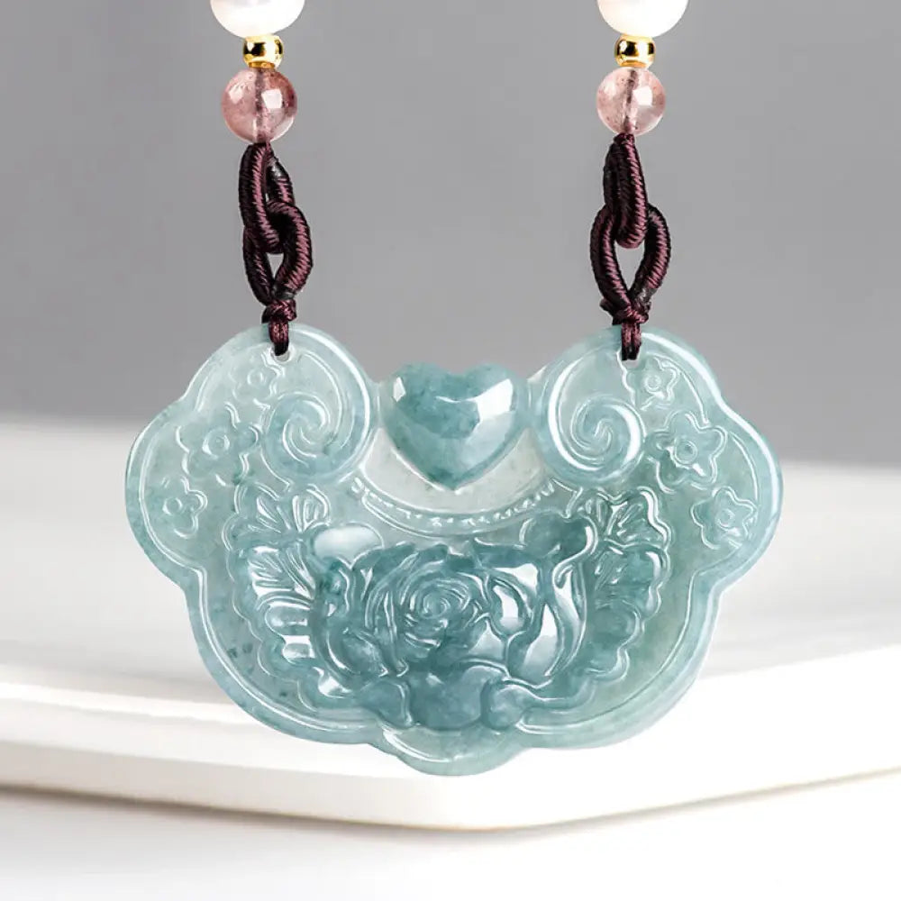 BWOOOH Natural Jade Peony Flower Lock of Good Wishes Prosperity Necklace Pendant