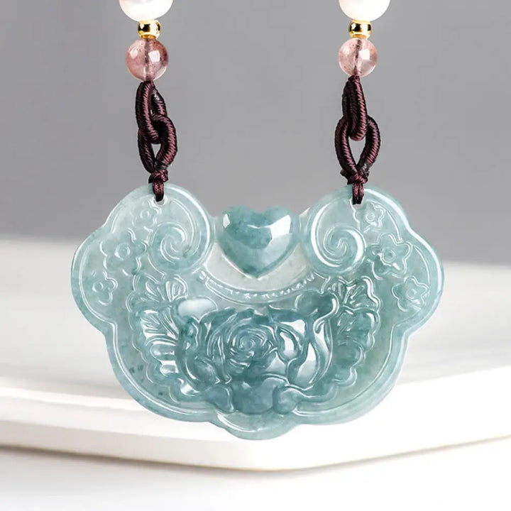 BWOOOH Natural Jade Peony Flower Lock of Good Wishes Prosperity Necklace Pendant