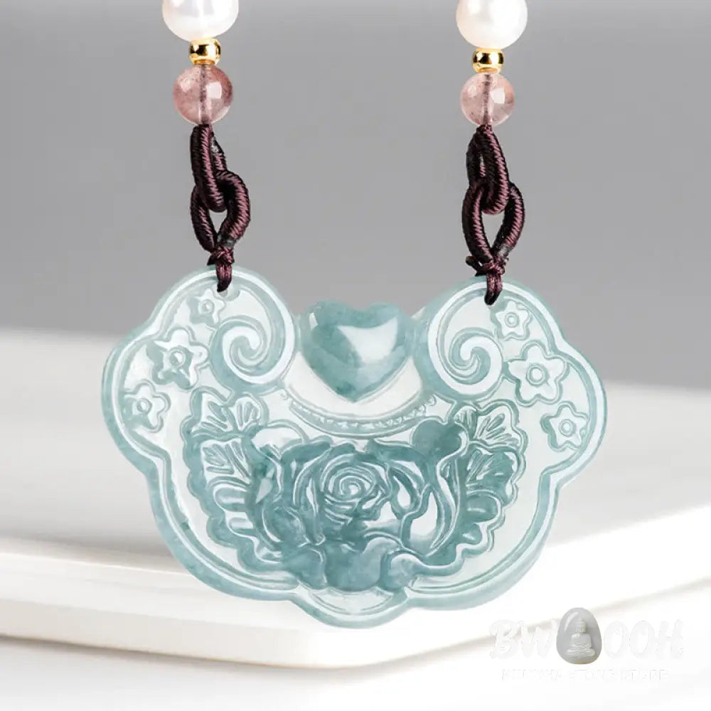 Buddha Stones Natural Jade Peony Flower Lock of Good Wishes Prosperity Necklace Pendant - BWOOOH