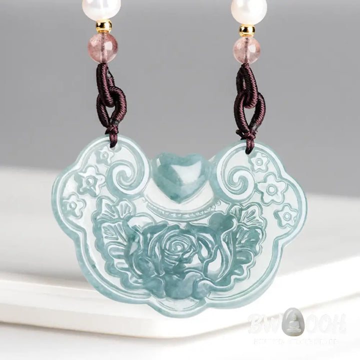 Buddha Stones Natural Jade Peony Flower Lock of Good Wishes Prosperity Necklace Pendant - BWOOOH