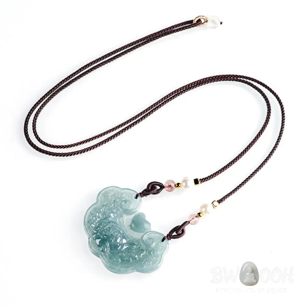 Buddha Stones Natural Jade Peony Flower Lock of Good Wishes Prosperity Necklace Pendant - BWOOOH