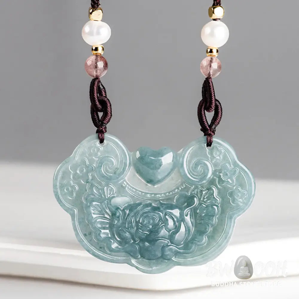 Buddha Stones Natural Jade Peony Flower Lock of Good Wishes Prosperity Necklace Pendant - BWOOOH