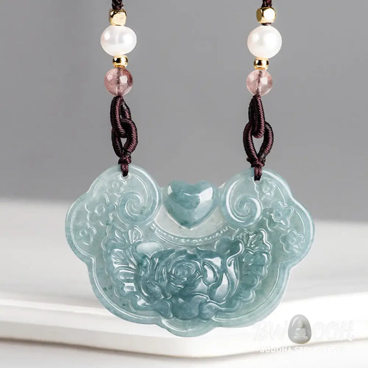 Buddha Stones Natural Jade Peony Flower Lock of Good Wishes Prosperity Necklace Pendant - BWOOOH