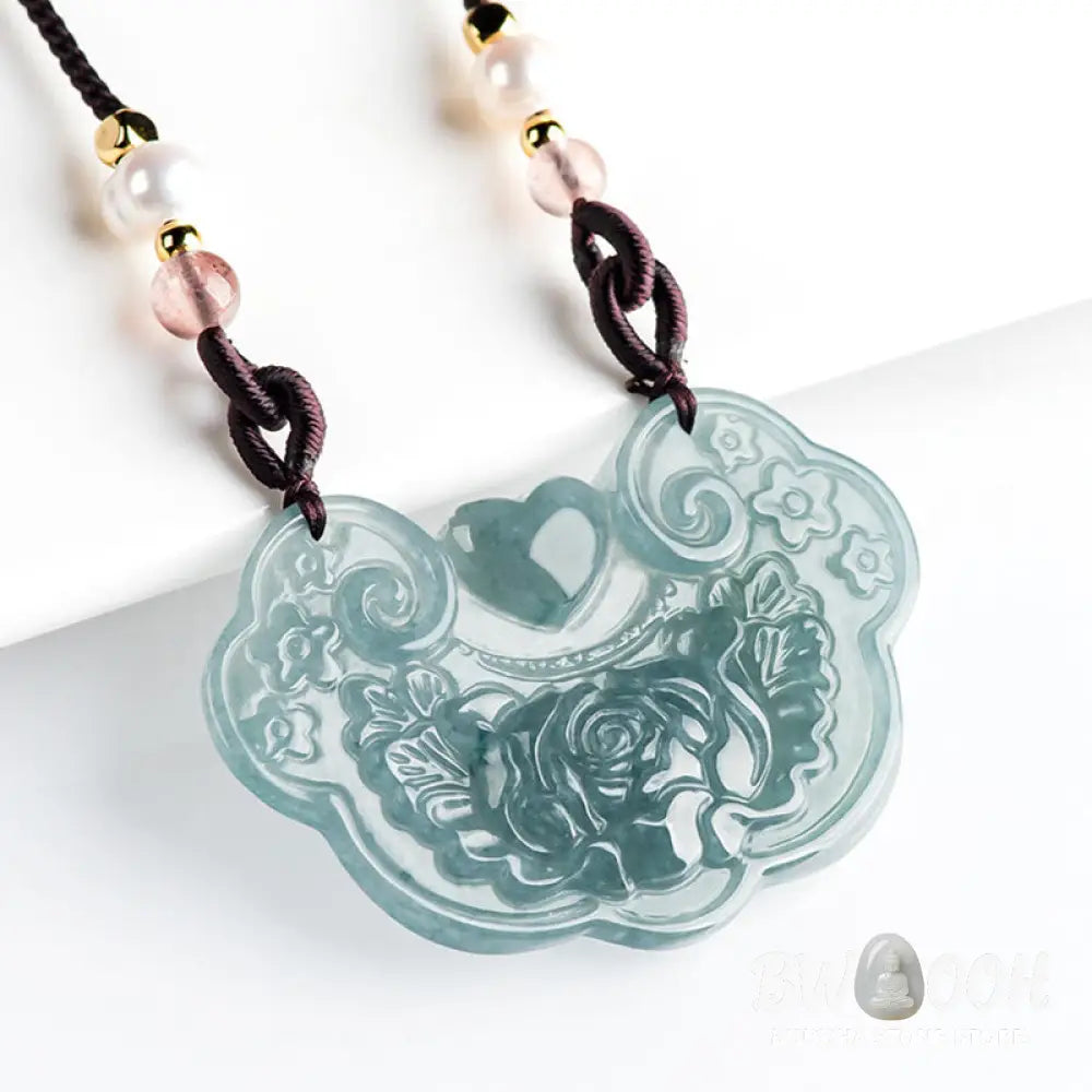 Buddha Stones Natural Jade Peony Flower Lock of Good Wishes Prosperity Necklace Pendant - BWOOOH