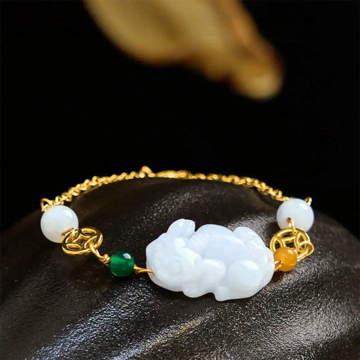 BWOOOH Natural Jade PiXiu Carved Copper Coin Luck Chain Bracelet — Jade feng shui bracelet for spiritual healing and mindf...