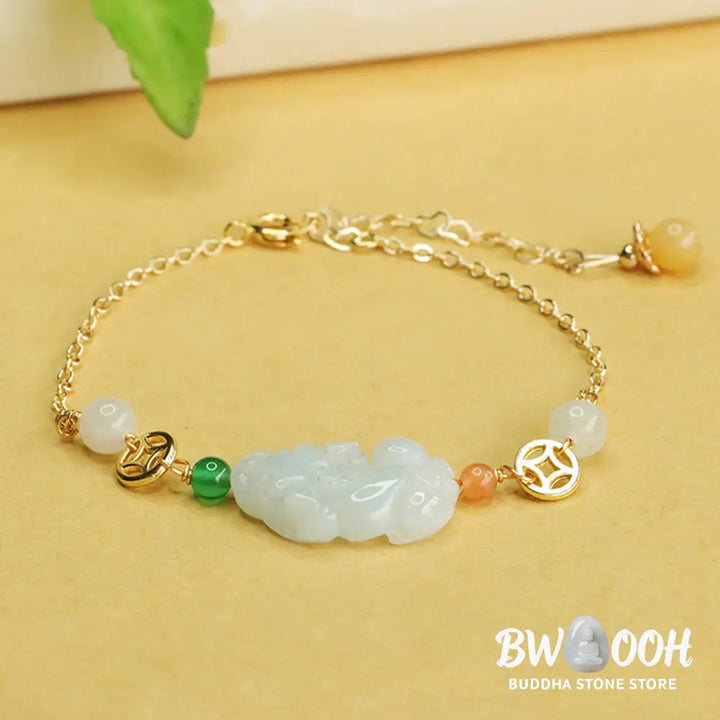 Buddha Stones Natural Jade PiXiu Carved Copper Coin Luck Chain Bracelet - BWOOOH - Jade(Wrist Circumference: 14-20cm)