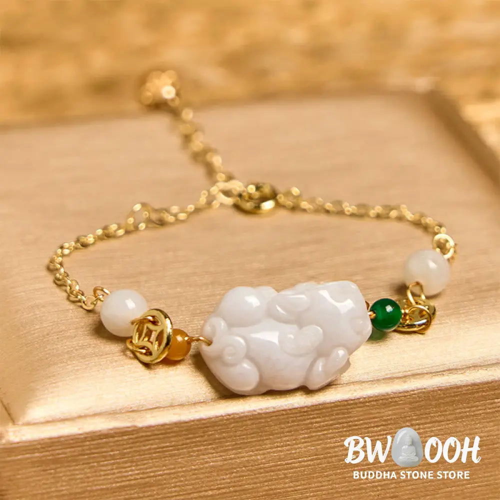 Buddha Stones Natural Jade PiXiu Carved Copper Coin Luck Chain Bracelet - BWOOOH - Jade(Wrist Circumference: 14-20cm)