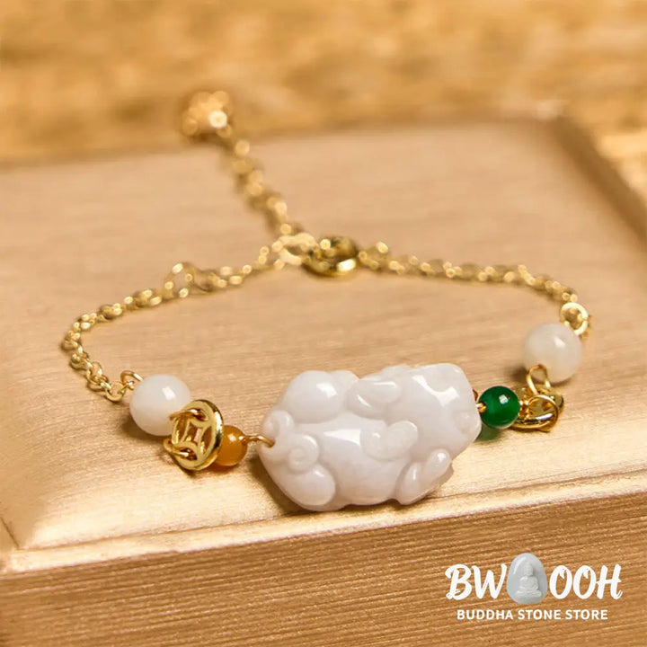 Buddha Stones Natural Jade PiXiu Carved Copper Coin Luck Chain Bracelet - BWOOOH - Jade(Wrist Circumference: 14-20cm)