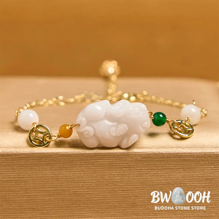 Buddha Stones Natural Jade PiXiu Carved Copper Coin Luck Chain Bracelet - BWOOOH - Jade(Wrist Circumference: 14-20cm)
