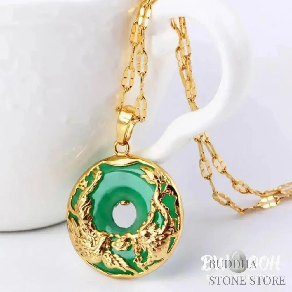 BWOOOH Natural Cyan Jade Prosperity Necklace, 43cm, featuring an alloy copper Dragon &amp; Phoenix pendant for marital harmony, financial growth, and spiritual balance. - View 5