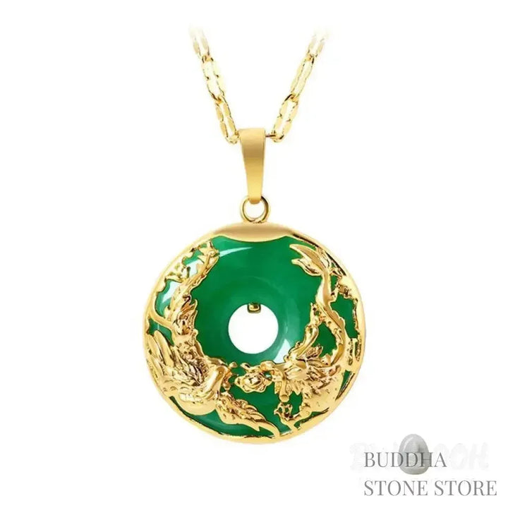 BWOOOH Natural Cyan Jade Prosperity Necklace, 43cm, featuring an alloy copper Dragon &amp; Phoenix pendant for marital harmony, financial growth, and spiritual balance. - View 2